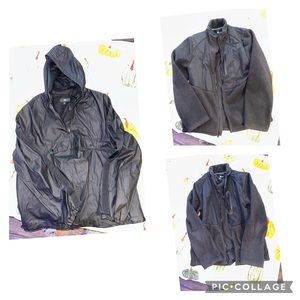 Black raincoat and fleece jackets